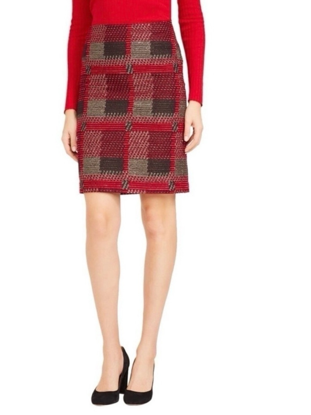 J. McLaughlin Tweed Pencil Skirt Size 12 Red Black Metallic Gold Knee Length New
